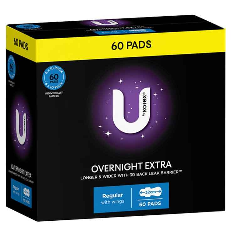 U By Kotex Overnight Extra Pads With Wings 60 Pack