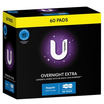 U By Kotex Overnight Extra Pads With Wings 60 Pack