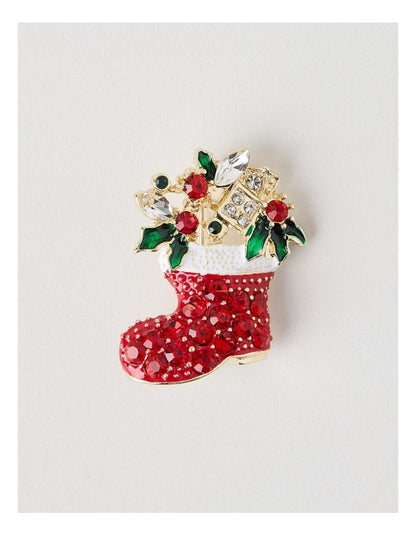 Novelty Christmas Stocking Brooch in Red