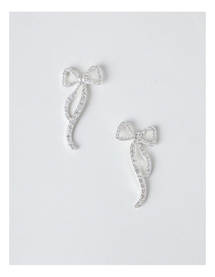 Novelty Diamante Bow Earring in Silver