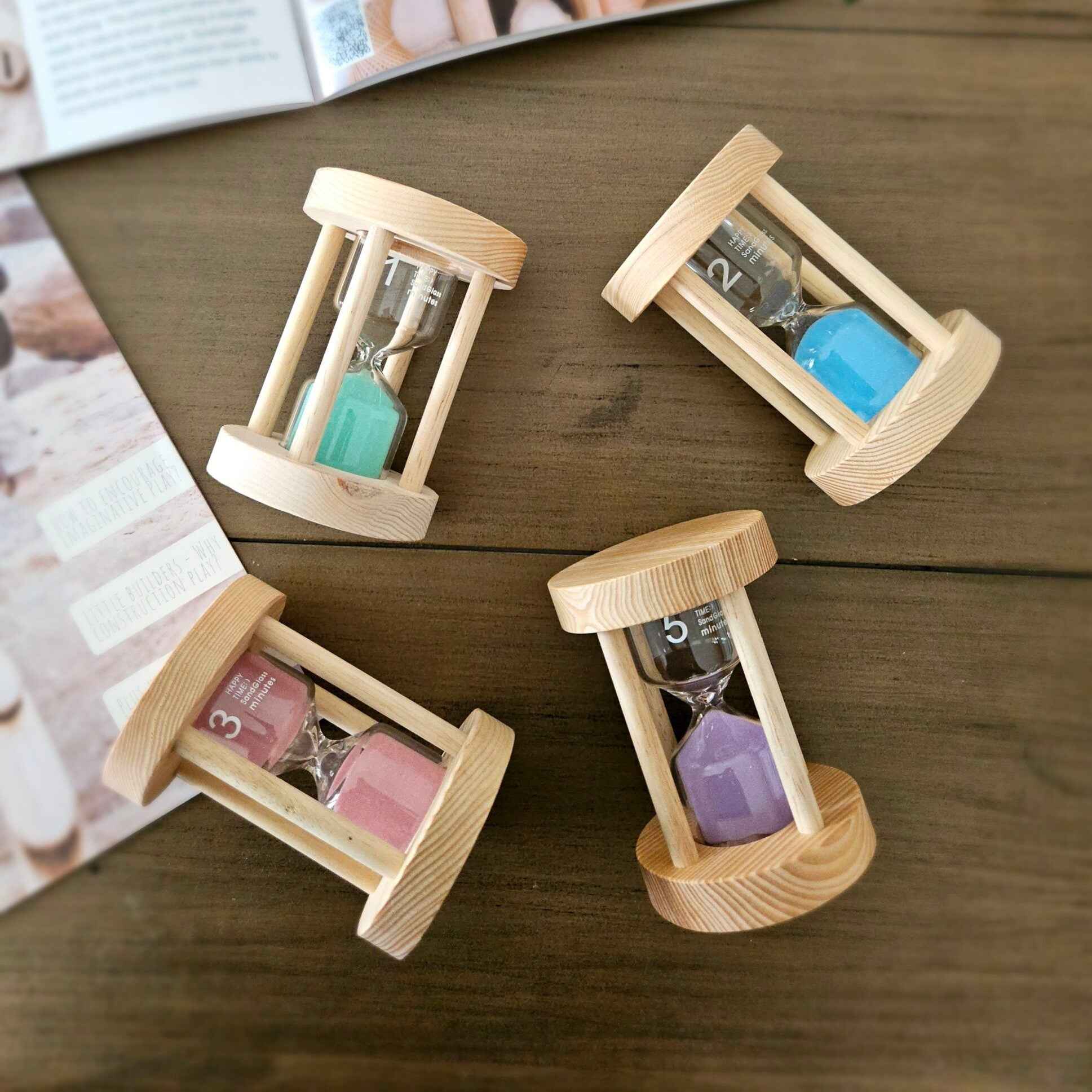 Qtoys Wooden Sand Timers Extra Large 1, 2, 3, and 5 Minutes Set of 4 Early Maths 3yrs+