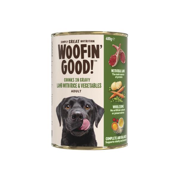 WOOFIN GOOD CHUNKS IN GRAVY LAMB RICE & VEG DOG FOOD 400 GRAM
