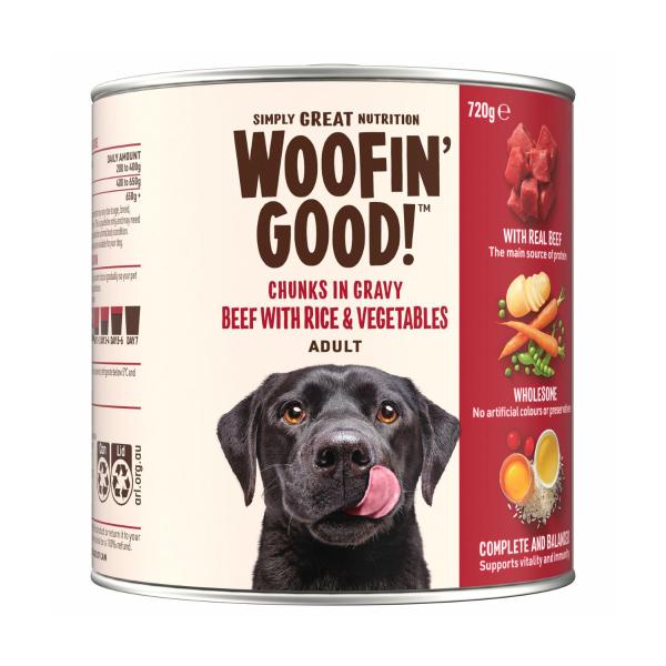 WOOFIN GOOD CHUNKS IN GRAVY BEEF RICE & VEG DOG FOOD 720 GRAM