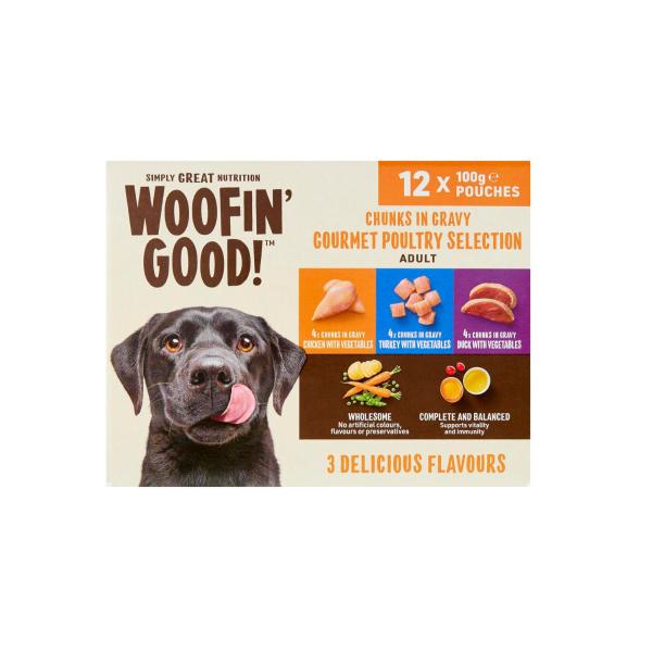 WOOFIN GOOD CHUNKS IN GRAVY MIXED SELECTION CHICKEN - DUCK & TURKEY POUCHES DOG FOOD 12X100G