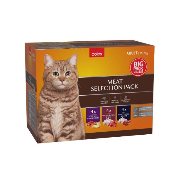COLES CAT FOOD POUCH MEAT VARIETY 12X85G