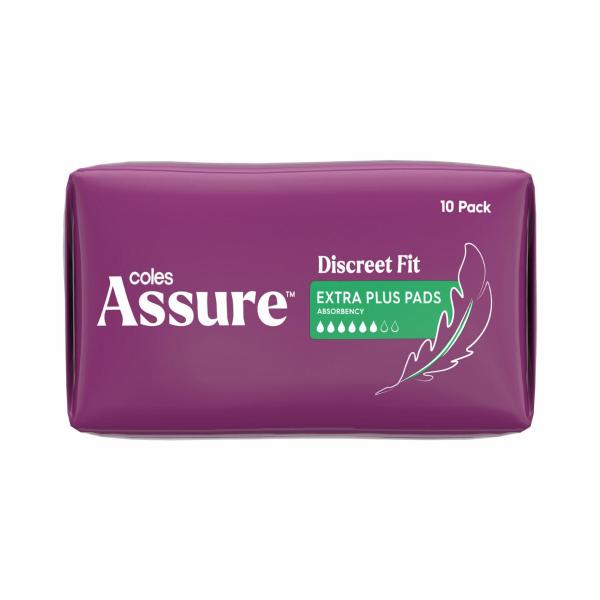 COLES ASSURE PADS EXTRA PLUS 10 PACK