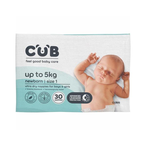 CUB NAPPIES UNISEX NEWBORN SIZE 1 (UP TO 5KG) 30 PACK