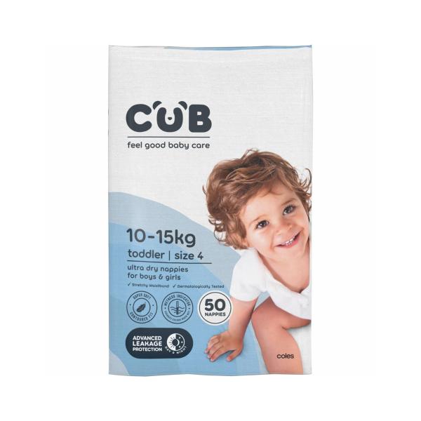 CUB NAPPIES UNISEX TODDLER SIZE 4 (10-15KG) 50 PACK