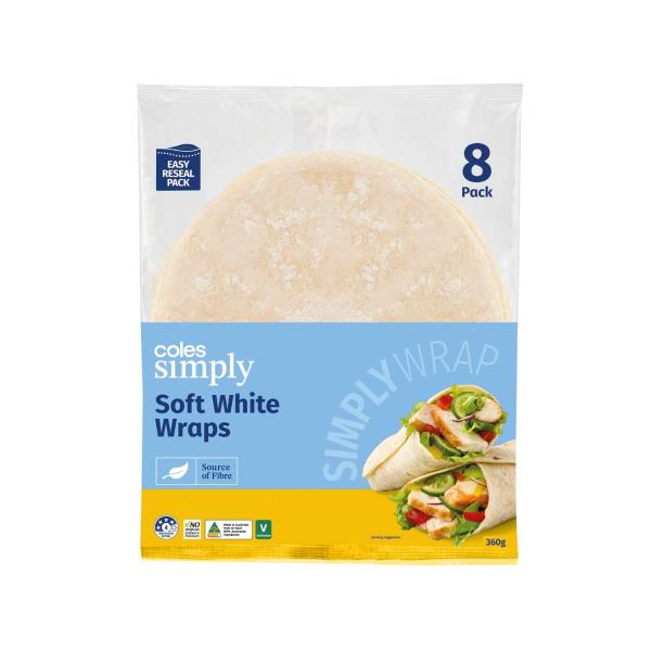 COLES SIMPLY SOFT WHITE WRAPS 8PK
