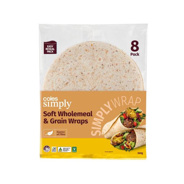COLES SIMPLY SOFT WHOLEMEAL & GRAIN WRAPS 8PK