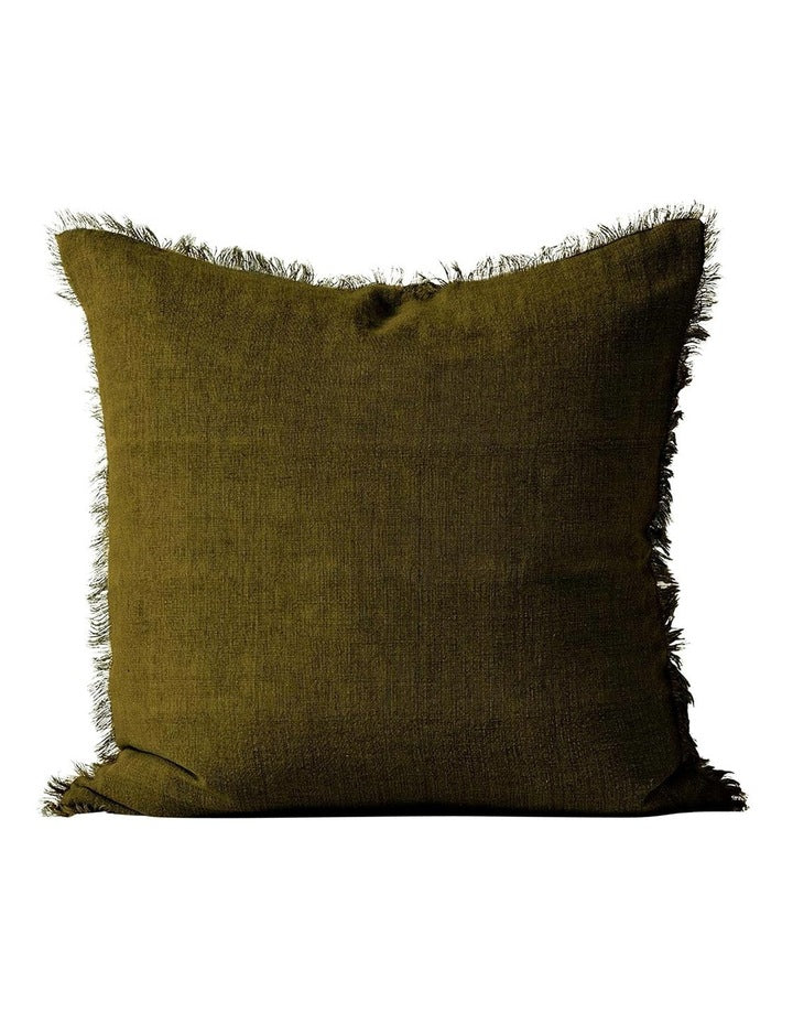 Vintage Linen Fringe Cushion Khaki