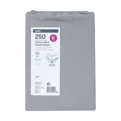 250 Thread Count Cotton Rich Fitted Sheet - King Bed, Grey