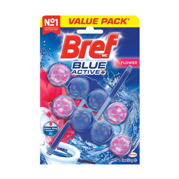 BREF BLUE ACTIVE TOILET CLEANER RIM BLOCK FLOWER 50G X 2 PACK