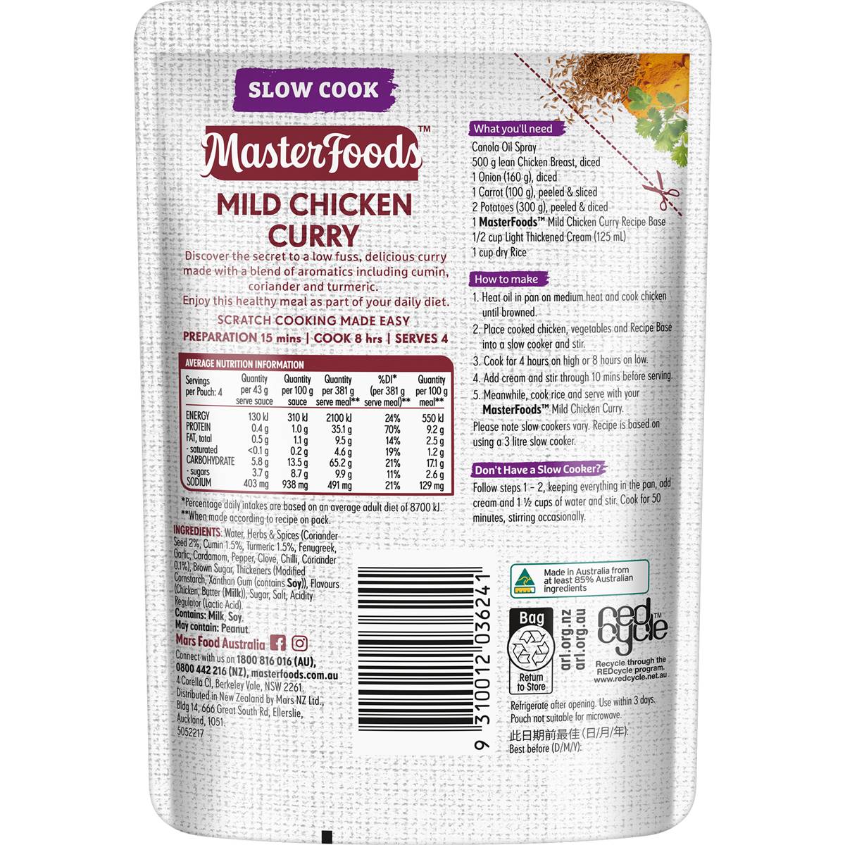 MasterFoods Mild Chicken Curry Slow Cook Recipe Base 175g