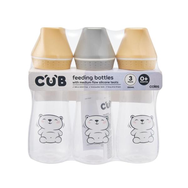 CUB FEEDING BOTTLES 3 PACK WITH MEDIUM FLOW SILICONE TEATS 0+ MONTHS