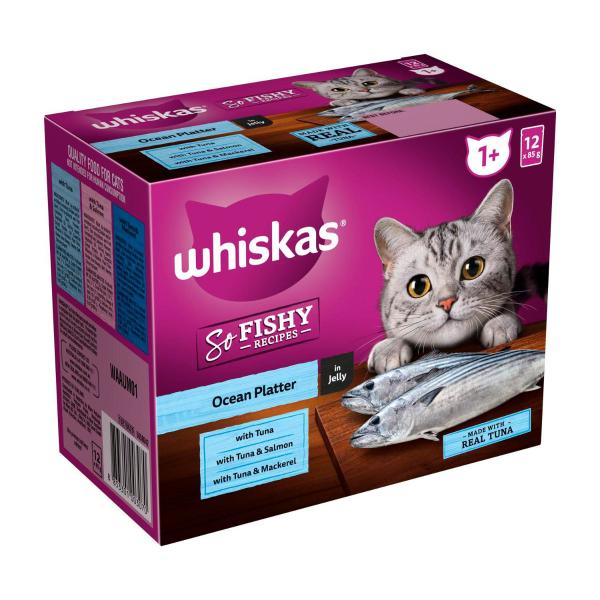 WHISKAS SO FISHY RECIPES ADULT WET CAT FOOD OCEAN PLATTER IN JELLY 12X85G POUCHES
