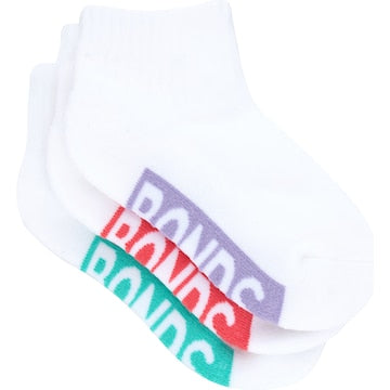 Bonds Kids Sport 1/4 Socks Size 2-8 Assorted 3 pack