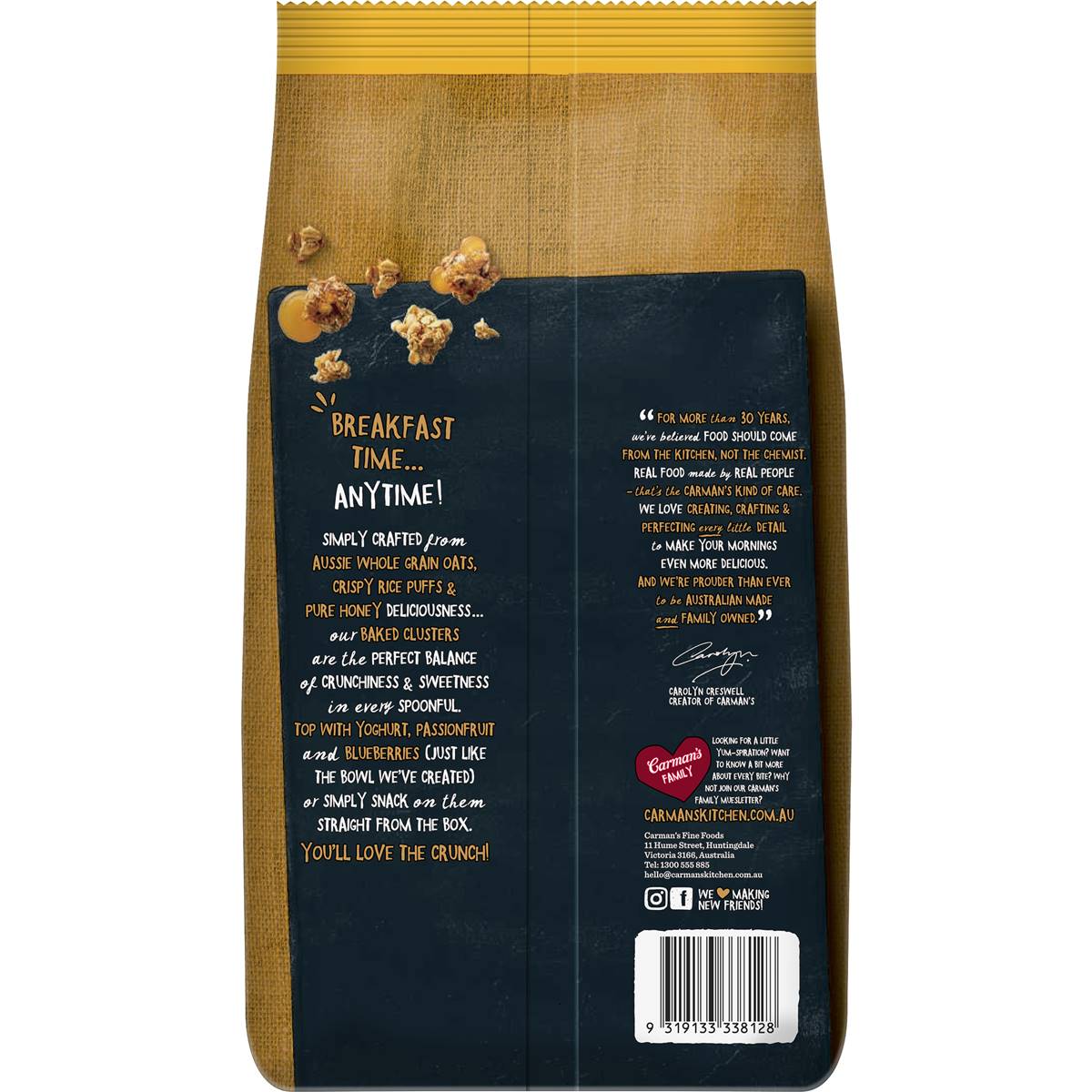 Carman's Clusters Aussie Oat Honey Crunch 800g