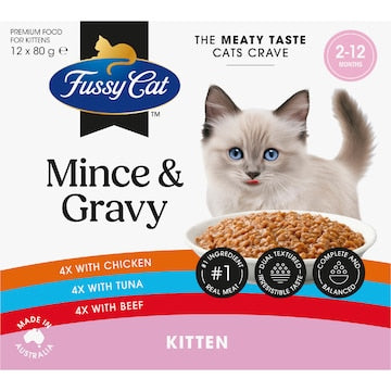 Fussy Cat Grain Free Meaty Mince & Chicken Gravy Kitten Wet Food 80g x 12 pack