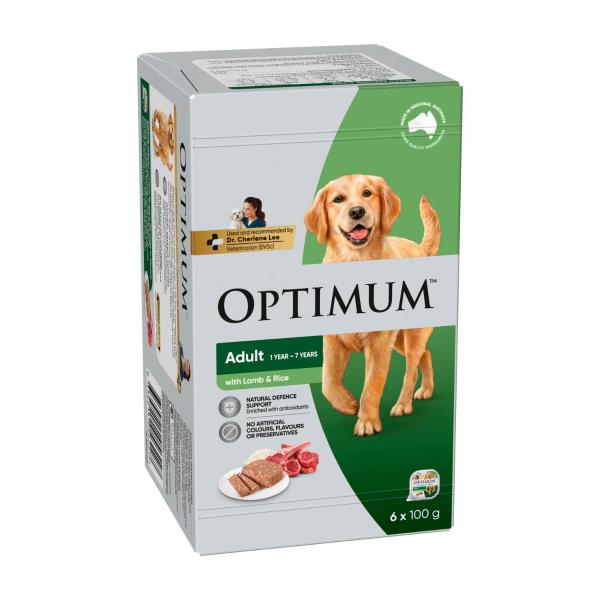 OPTIMUM ADULT WET DOG FOOD WITH LAMB & RICE 6X100G TRAYS