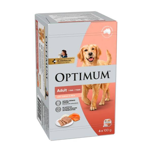 OPTIMUM ADULT WET DOG FOOD WITH SALMON & RICE 6X100G TRAYS