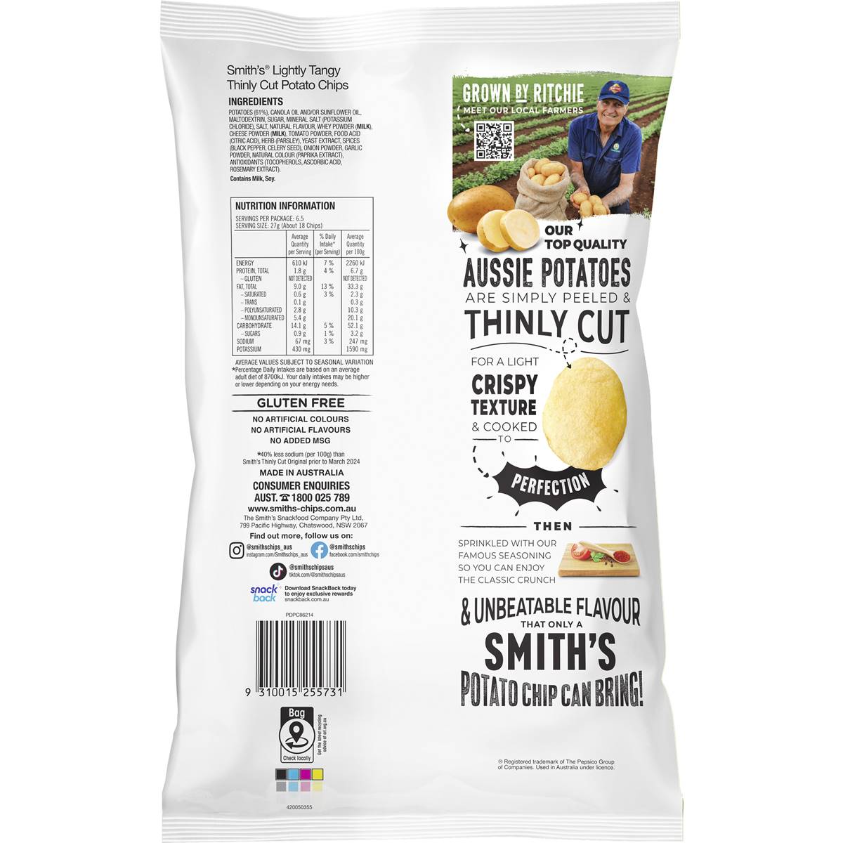 Smith's Thinly Cut Potato Chips Share Pack Lightly Tangy 175g