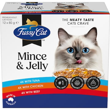 Fussy Cat Grainfree Mince & Jelly Puches Adult Cat Wet Food 80g x 12 pack