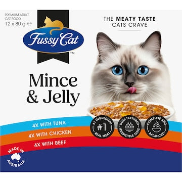 Fussy Cat Grainfree Mince & Jelly Puches Adult Cat Wet Food 80g x 12 pack