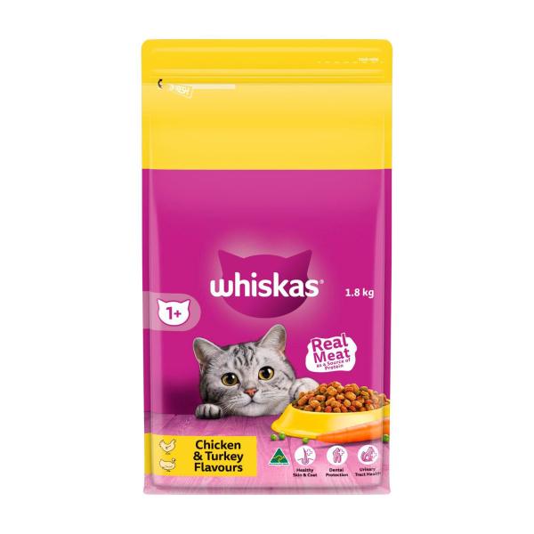 WHISKAS ADULT 1+ YEARS DRY CAT FOOD CHICKEN & TURKEY FLAVOUR 1.8KG