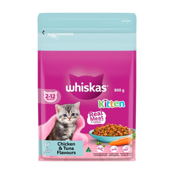 WHISKAS KITTEN DRY CAT FOOD CHICKEN & TUNA FLAVOURS 800G