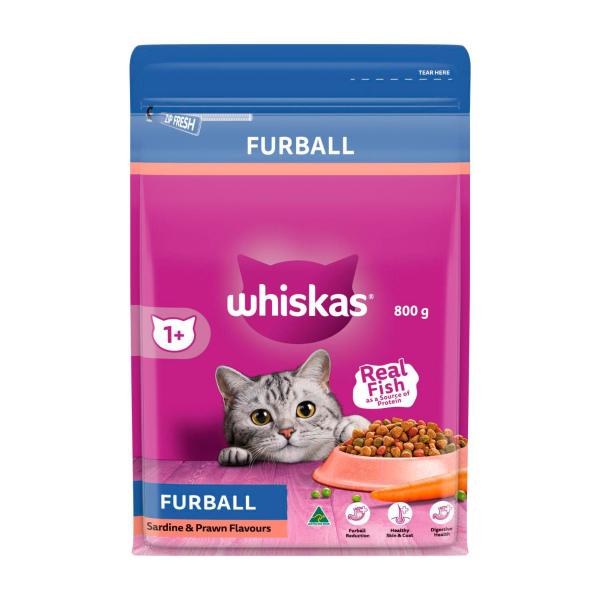 WHISKAS FURBALL 1+ YEARS ADULT DRY CAT FOOD SARADINE & PRAWN FLAVOURS 800G BAG