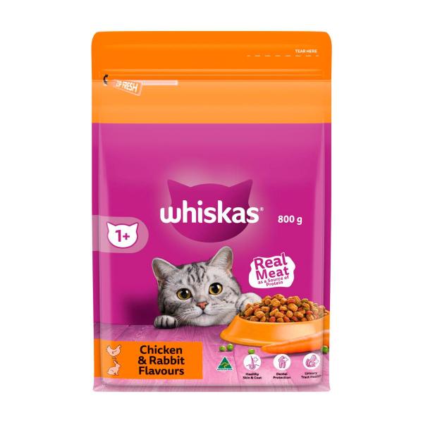 WHISKAS ADULT 1+ YEARS DRY CAT FOOD CHICKEN & RABBIT FLAVOUR 800G