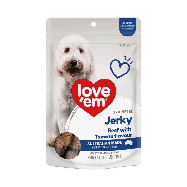 LOVE 'EM GRAIN FREE BEEF JERKY WITH TOMATO 200 GRAM