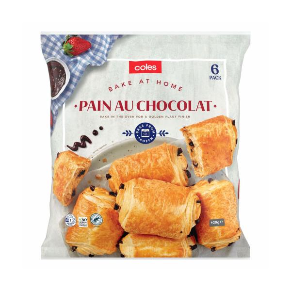 COLES FROZEN BAKE AT HOME PAIN AU CHOCOLAT 6 PACK 420G