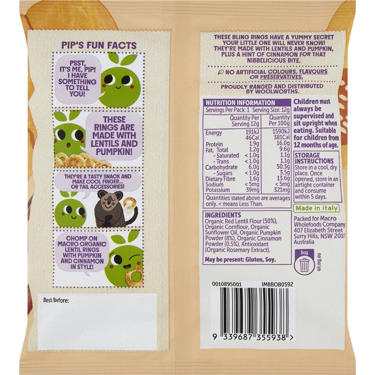 Macro Organic Lentil Rings Pumpkin & Cinnamon 12g