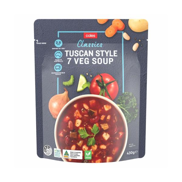 COLES POUCH TUSCAN STYLE 7 VEG SOUP & 3 BEAN SOUP 430G