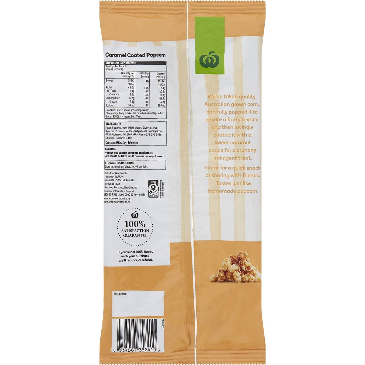 Woolworths Caramel Coated Popcorn 140g