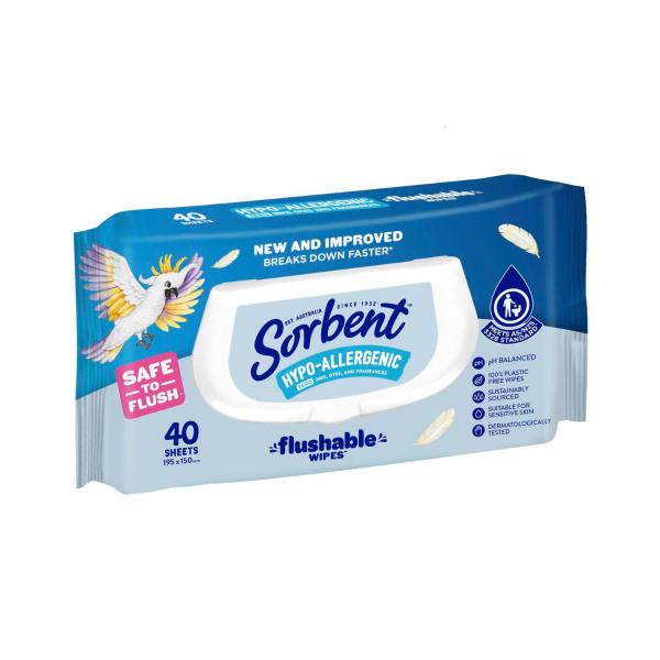 SORBENT TOILET TISSUE HYPO ALLERGENIC FLUSHABLE WIPES 40 PACK