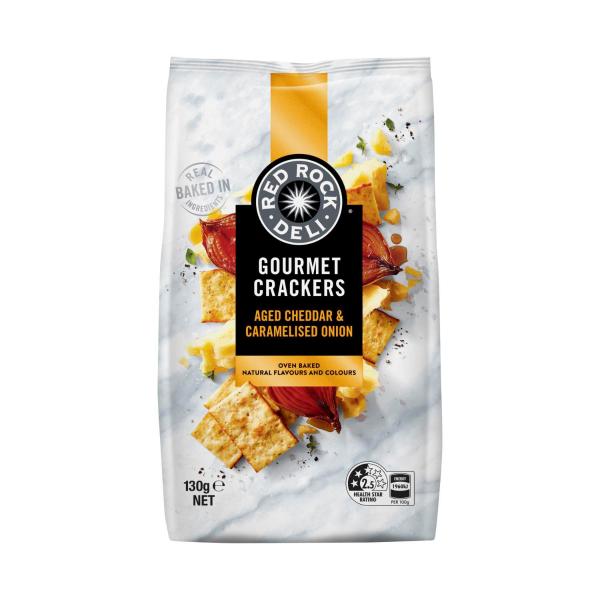 RED ROCK DELI GOURMET CRACKERS:CARAMELISED ONI:.:130 GRAM