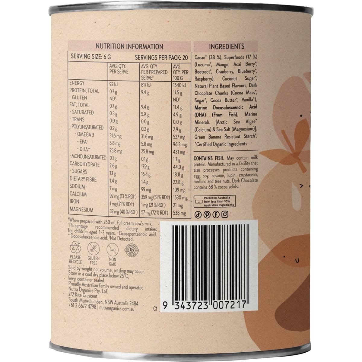 Nutra Organics Choc Whiz Brain Boosting Natural Drinking Chocolate 125g
