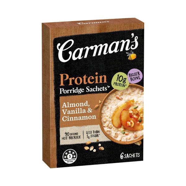 CARMAN'S PORRIDGE SACHETS PROTEIN RICH ALMOND VANILLA & CINNAMON 6 PACK 270G