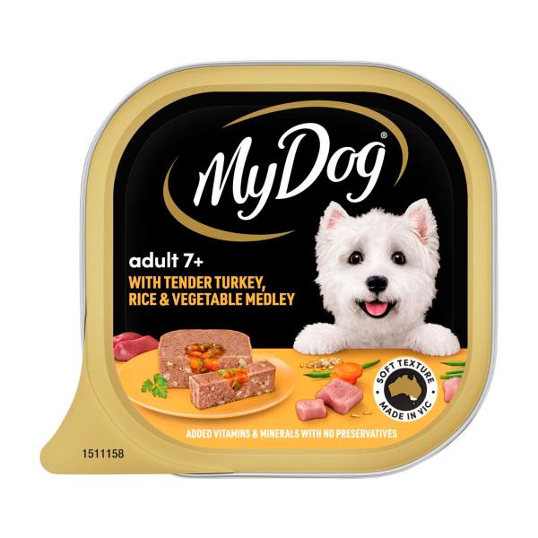 MY DOG WET DOG FOOD ADULT 7+ WITH TENDER TURKEY RICE & VEGETABLE MEDLEY 100G TRAY