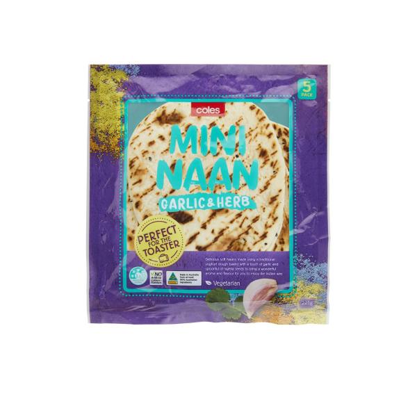 COLES MINI TOASTY NAAN GARLIC & HERB 5 PACK 225G
