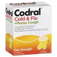 Codral Cold & Flu + Mucus Cough Max Strength Hot Drink Oral Powder Lemon 10 Pack