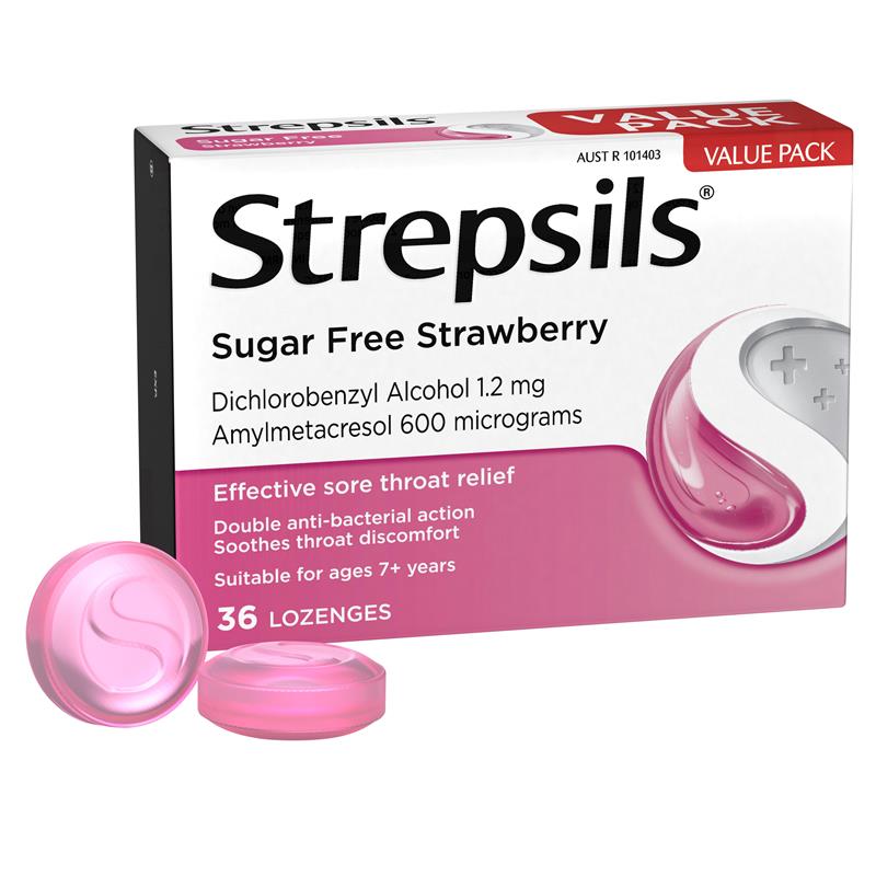 Strepsils Sugar Free Strawberry 36 Lozenges