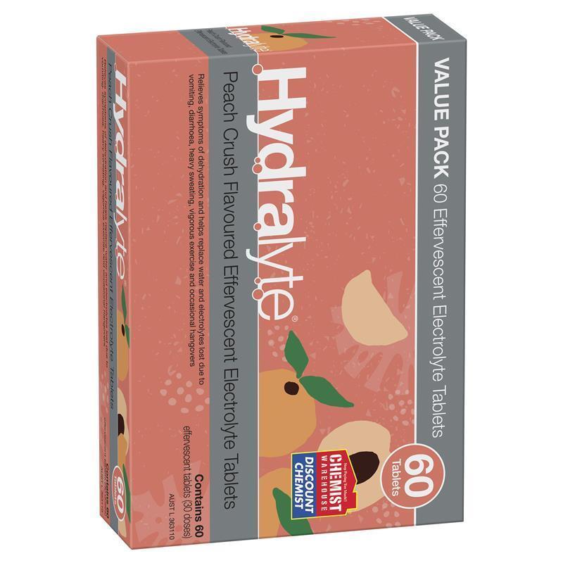 Hydralyte Electrolyte Effervescent Peach Crush 60 Tablets Exclusive Size