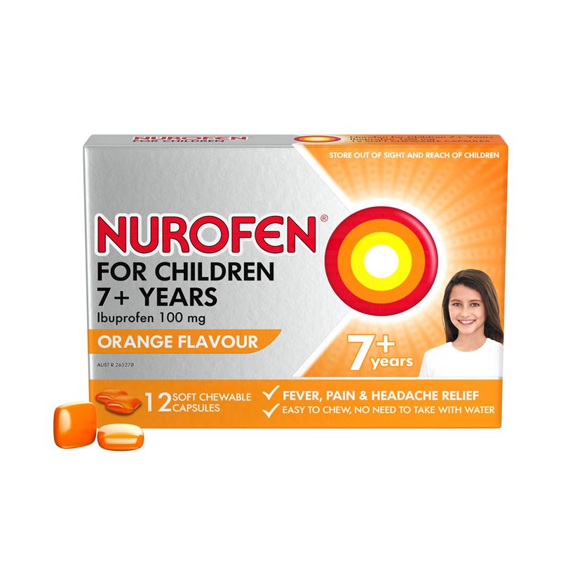 Nurofen For Children 7+ Pain and Fever Relief Chewable Capsules 100mg Ibuprofen Orange 12 pack