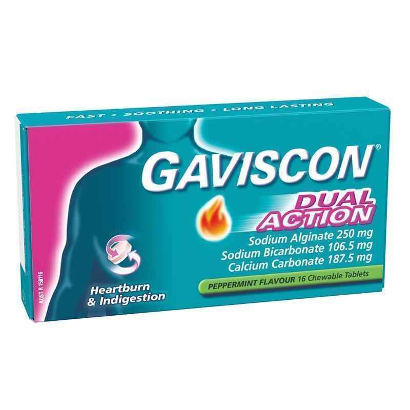 Gaviscon Dual Action Chewable Tablets Peppermint Heartburn & Indigestion Relief 16 Pack