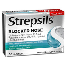 Strepsils Plus Blocked Nose Relief Throat Lozenges Menthol Eucalyptus 36 Pack - GimmeNow