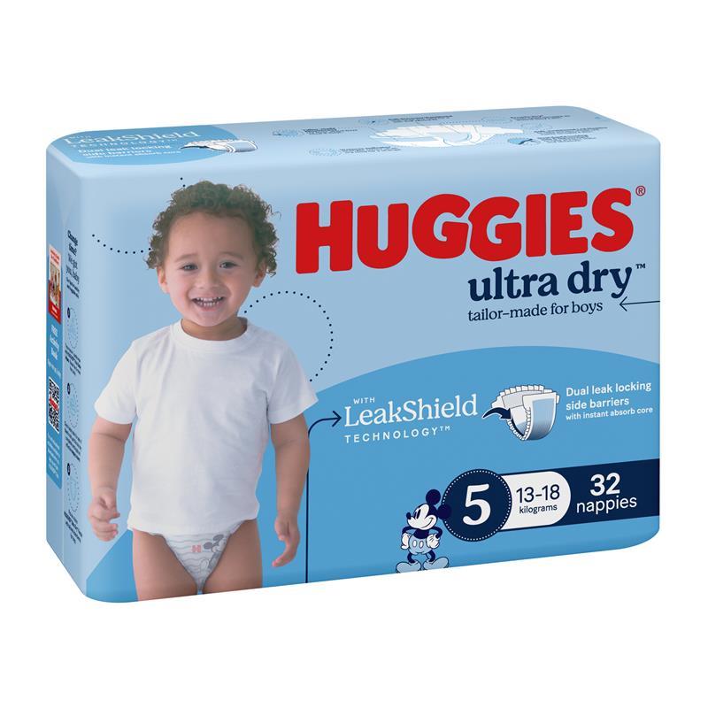 Huggies Ultra Dry Nappies Boys Size 5 (13-18kg) 32 Pack
